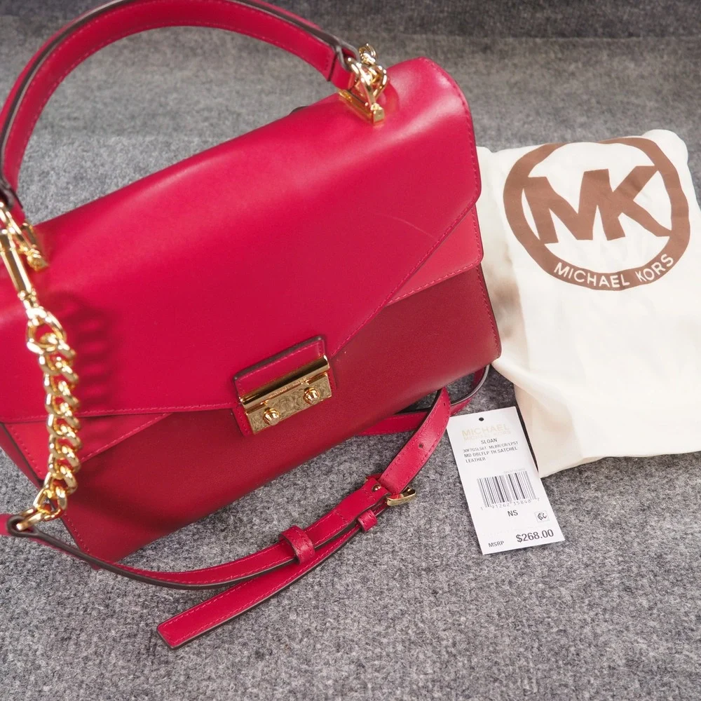 Michael Kors Sloan Satchel Red Leather Gold Tone Top Handle Crossbody Bag